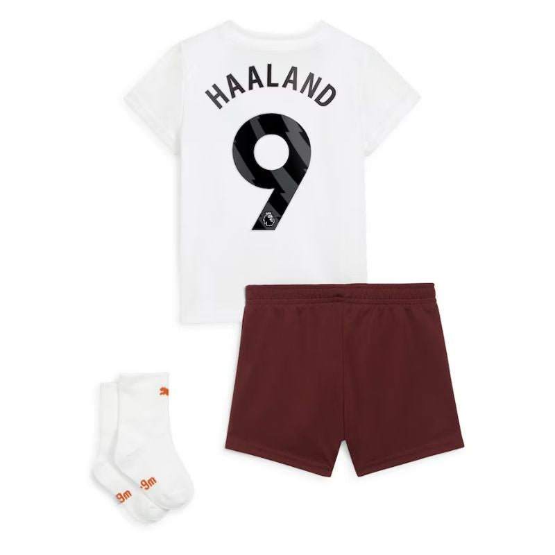 Manchester City Away Kids kit 2023-24 with Haaland 9 printing Jersey - White Official Team Jersey Sports Fan Apparel