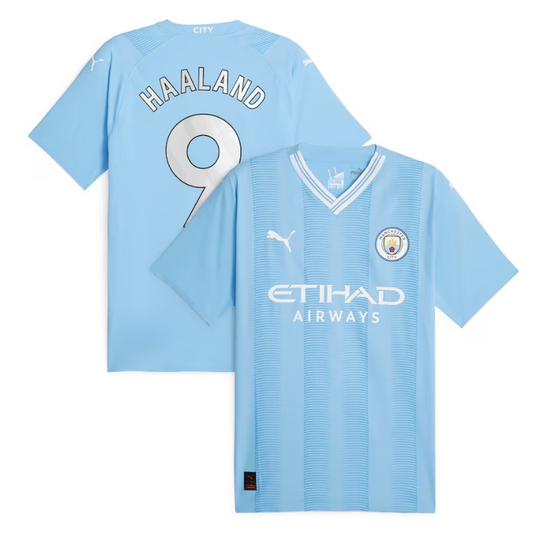 Manchester City Home Shirt 2023-24 with Player Haaland 9 printing - Blue Official Team Jersey Sports Fan Apparel