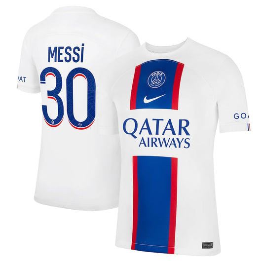 Paris Saint-Germain Third Stadium Shirt 2022-23 with Messi 30 printing Unisex - White Official Team Jersey Sports Fan Apparel