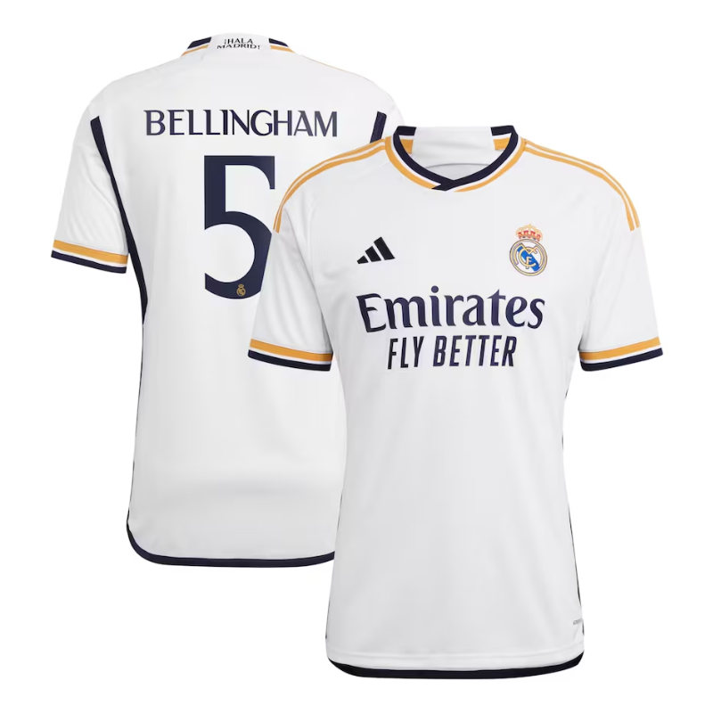 Real Madrid Home Adidas 2023-24 with Bellingham 5 printing Jersey - White Official Team Jersey Sports Fan Apparel