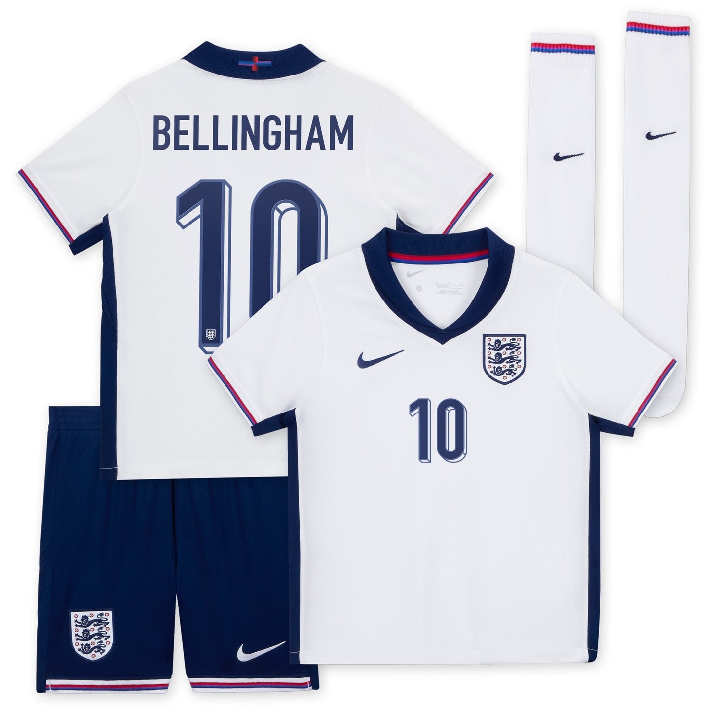 England Nike Home Stadium Mini Kit 2024 - Little Kids with Bellingham 10 printing Jersey - White Official Team Jersey Sports Fan Apparel