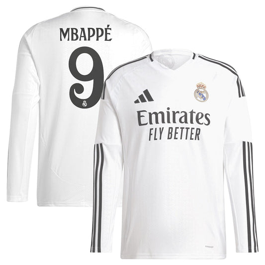 Kylian Mbappé 9 Real Madrid adidas 2024 25 Home Long Sleeve Player Jersey - White Official Team Jersey Sports Fan Apparel