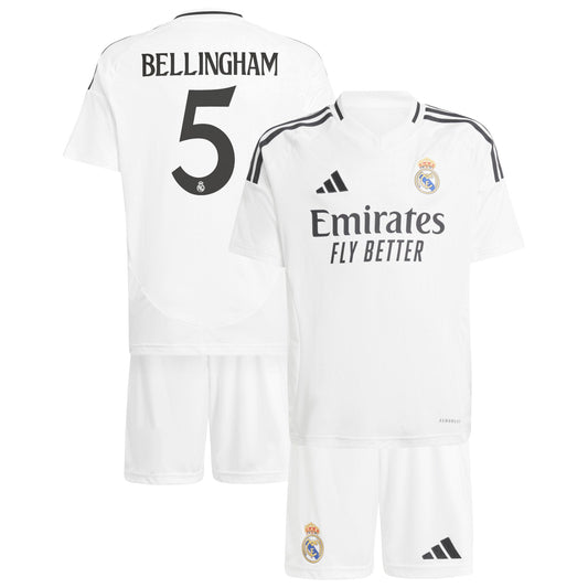 Real Madrid adidas Home Kids 2024-25 with Bellingham 5 printing Jersey - White Official Team Jersey Sports Fan Apparel